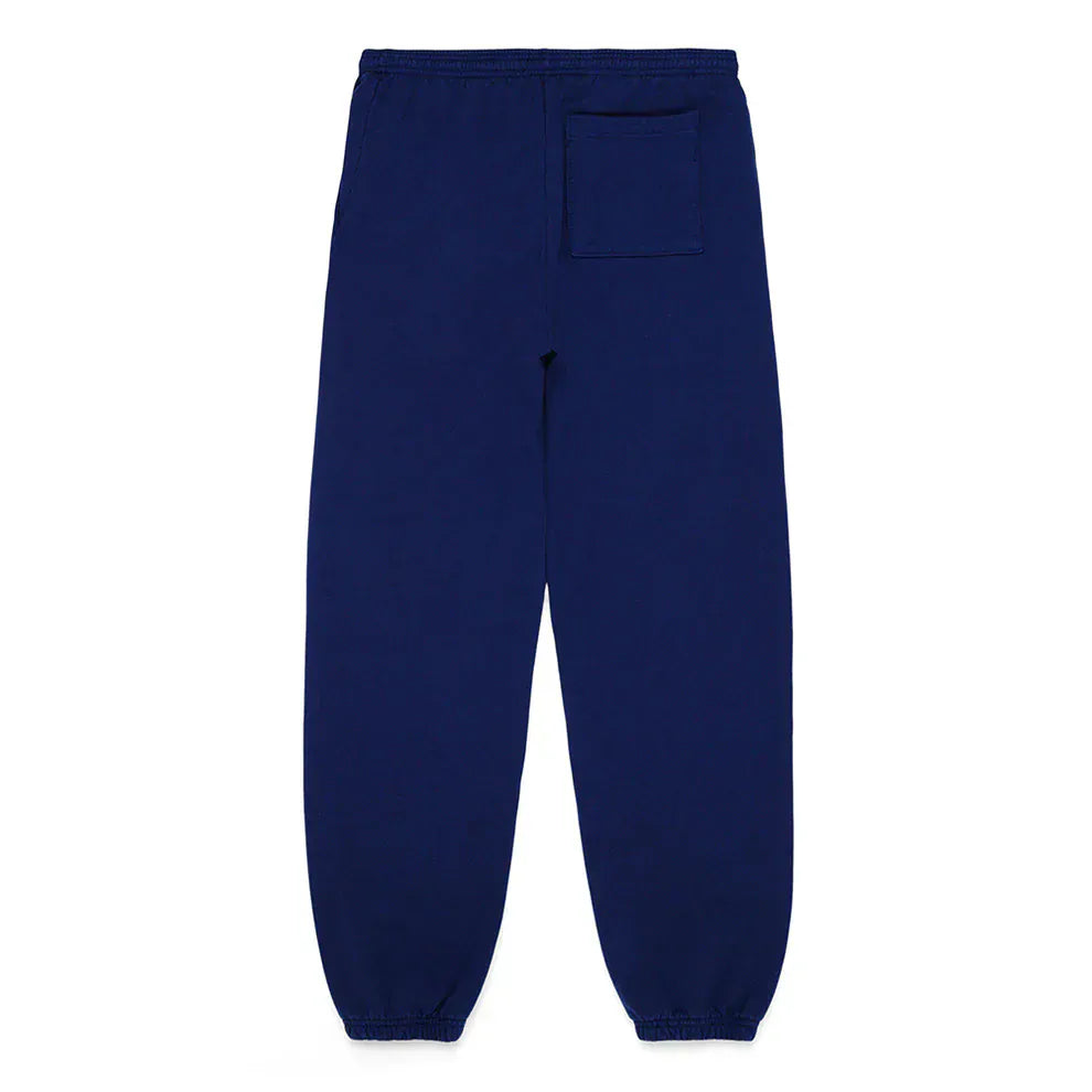 Sp5der Sweatpants – unisex navy blue cotton joggers with a pink front logo, star print, elastic cuffs and waistband, plus a single right back pocket for everyday comfort.
