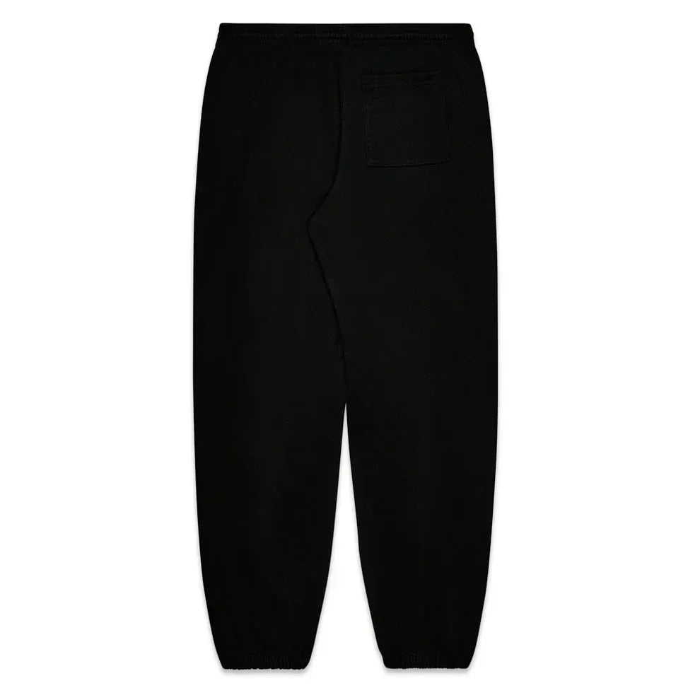 Back view of Sp5der Sweatpants – Unisex Black Cotton Sweatpants with Pink Graphic Logo and Star Print, featuring an elastic waistband, elastic cuffs, and a single right back pocket.
