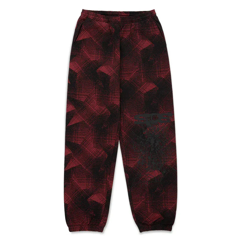 Sp5der Sweatpants – Unisex red and black patterned cotton sweatpants with graphic detail, elastic waist and cuffs, shown flat on a white background—ideal joggers for bold streetwear fans.