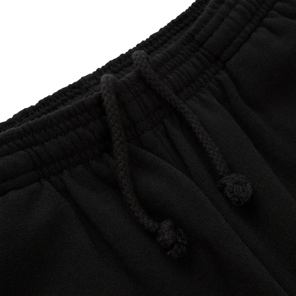 Close-up of the waistband and drawstring on Sp5der Sweatpants – Unisex Black Cotton Sweatpants with Flame Front Logo Print, highlighting their streetwear joggers style.