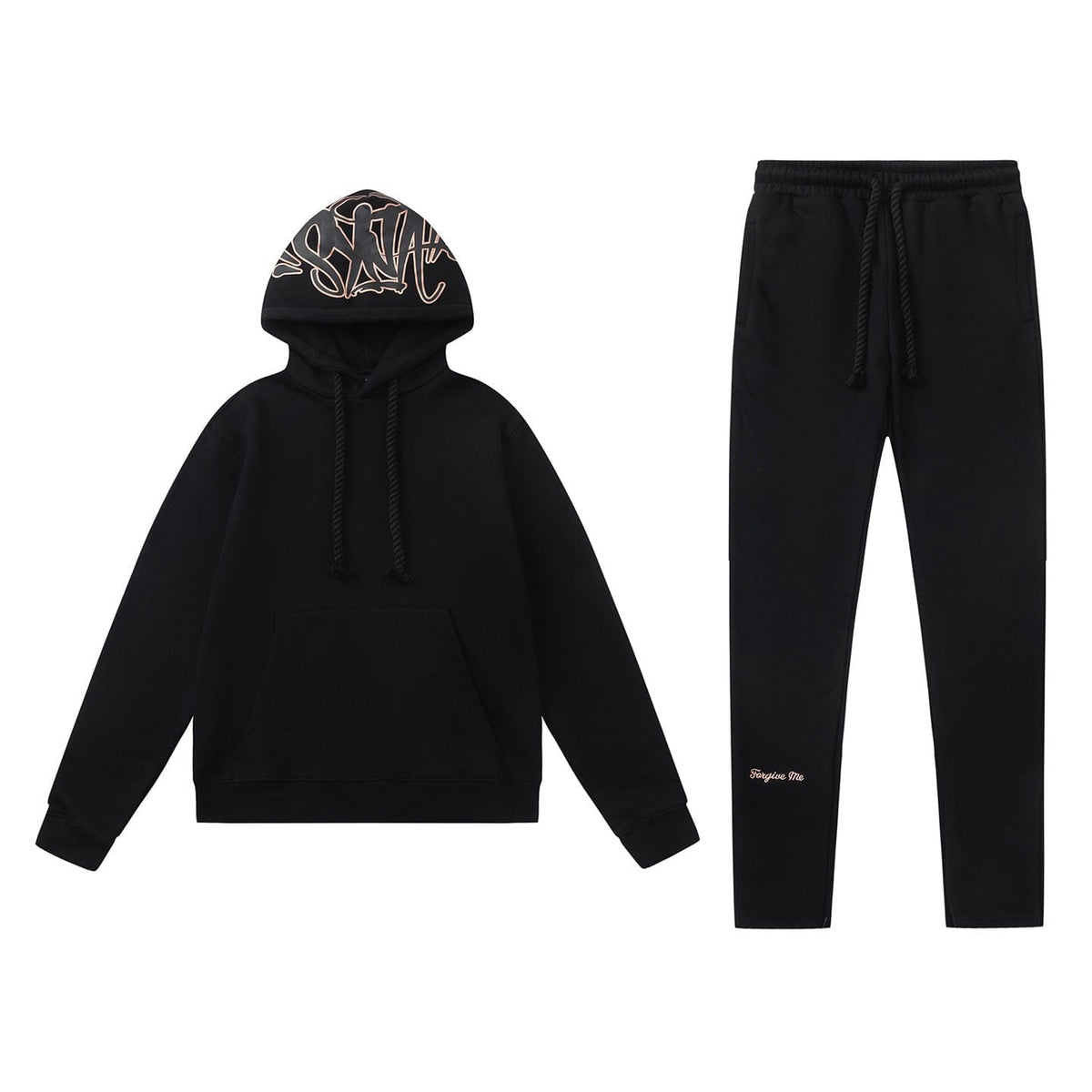 The Syna World Graphic Hoodie and Flared Pants Tracksuit Set, available in 4 colors, offers a stylish streetwear look with front pocket, drawstring hoodie, and matching pants—ideal for a sleek urban outfit.