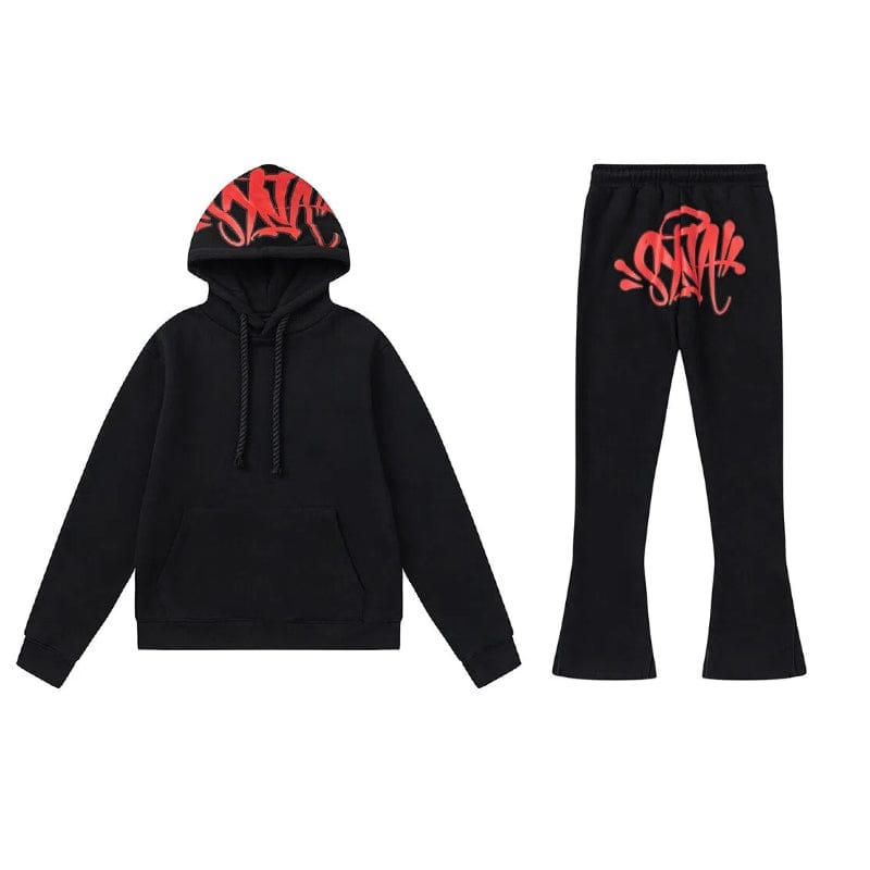 The Syna World Graphic Hoodie and Flared Pants Tracksuit Set with Accessories comes in 4 colors—ideal for streetwear fans wanting a bold, graphic look.