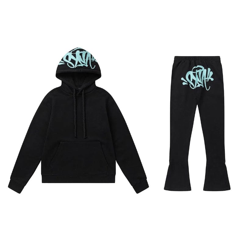 The Syna World Graphic Hoodie and Flared Pants Tracksuit Set with Accessories, available in 4 colors, features graffiti-style light blue writing on the hood and waistband—a top pick for streetwear fans.
