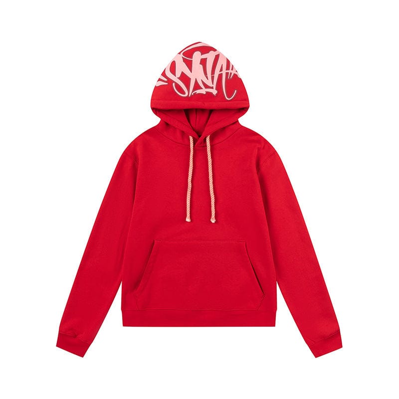 The Syna World Graphic Hoodie – Pullover Streetwear Hoodie in red features a front pocket, beige drawstrings, and white graffiti-style hood lettering, shown on a plain white background.