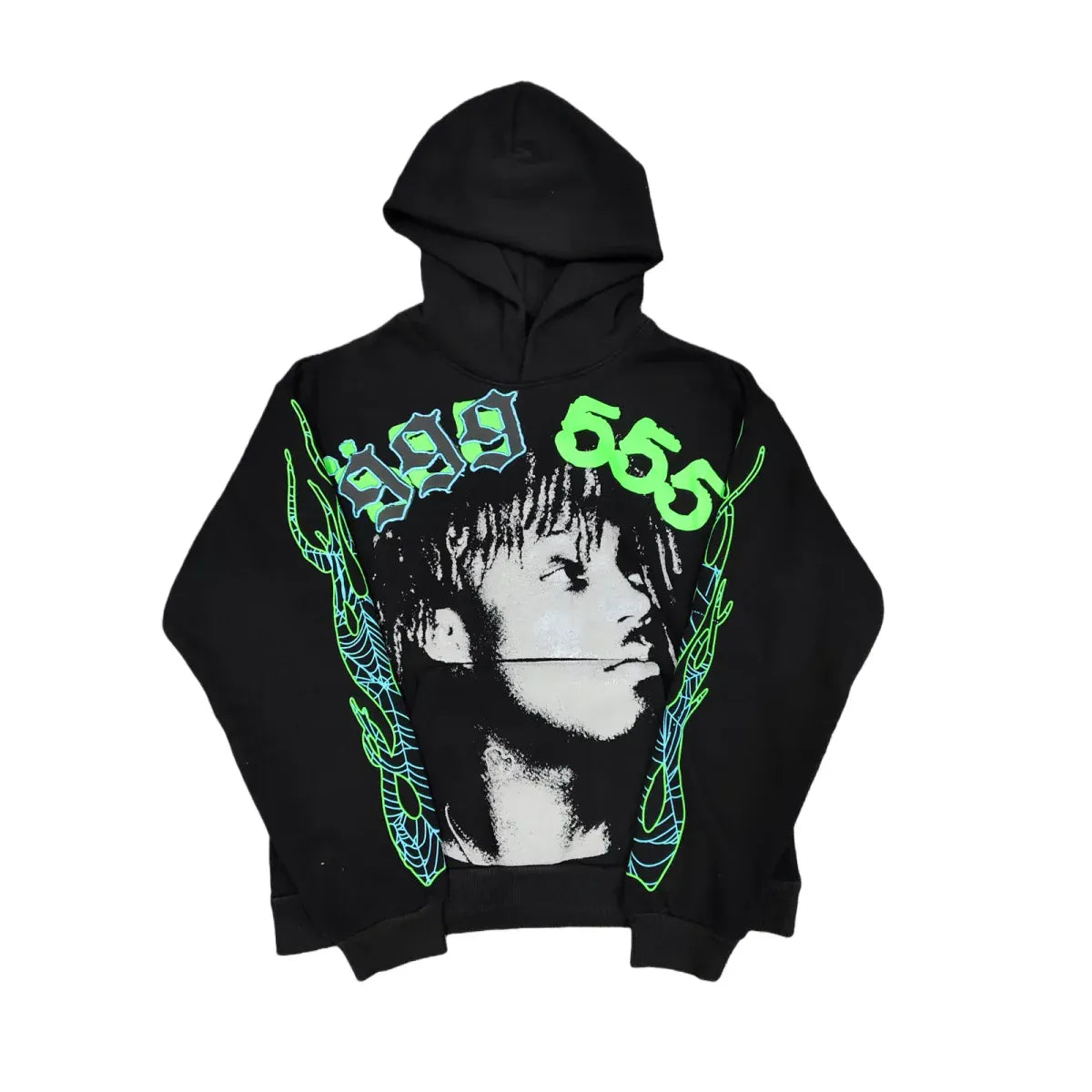 The Sp5der “999 555 Legacy” Hoodie in black/green/blue is a 440GSM heavyweight streetwear pullover with bold graphic face art, neon blue and green accents, and prominent "999" and "555" numbers—a standout statement piece.