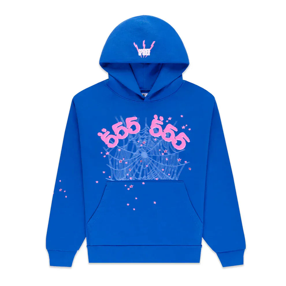 The Sp5der “555” Hoodie – Royal Blue is a 440GSM heavyweight pullover streetwear hoodie featuring pink "666" text, a white spider web and star pattern on the front, and a pink hand sign on the hood.