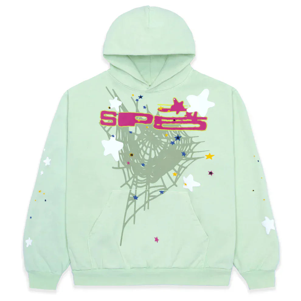 The Sp5der “Mint Star Web” Hoodie in mint green is a 440GSM heavyweight oversized pullover with a web graphic, white and colorful stars, plus pink and yellow SP5DER text—ideal for Y2K streetwear fans seeking unisex style.