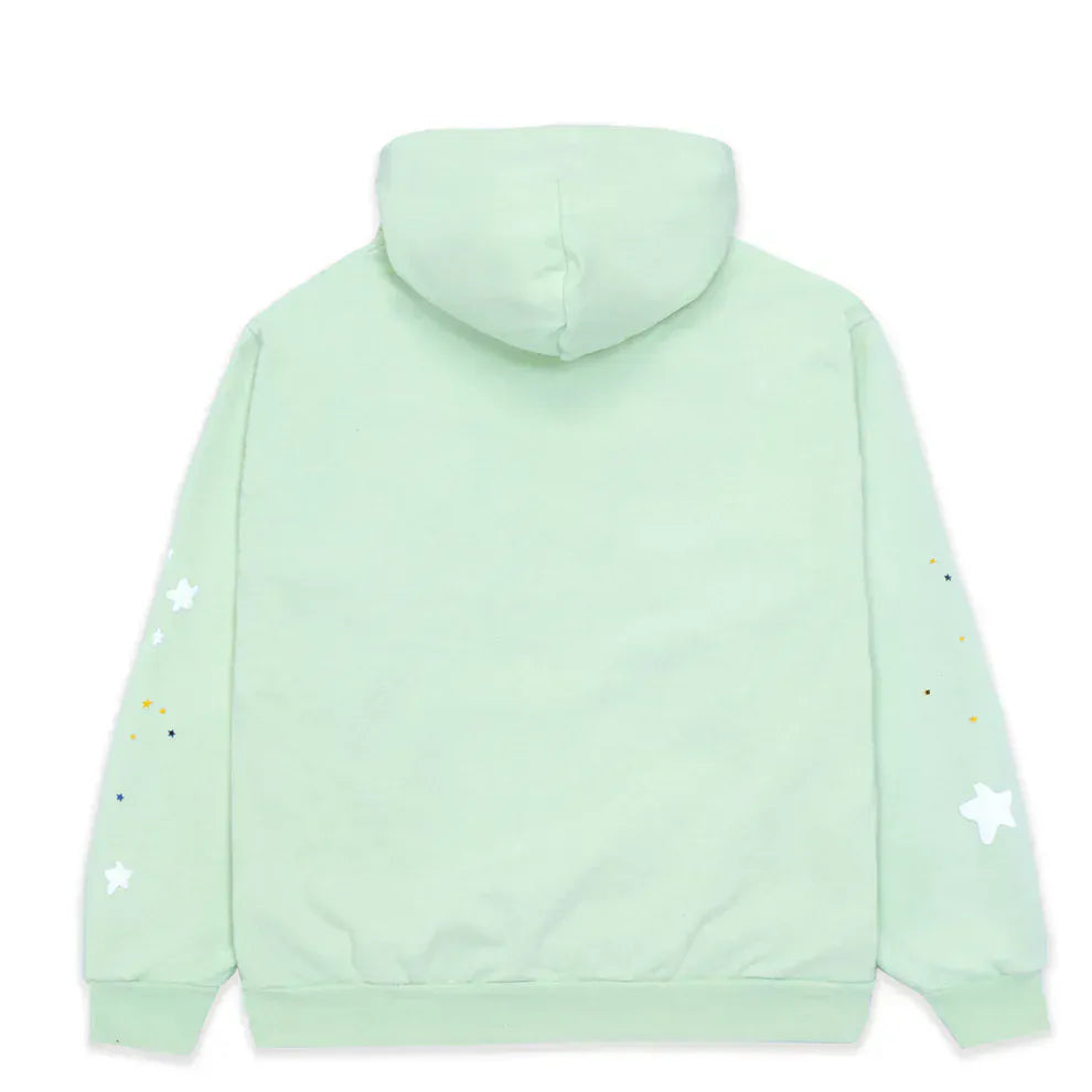 The Sp5der “Mint Star Web” Hoodie in mint green is a heavyweight 440GSM oversized unisex pullover, shown from the back with small star and dot designs on the sleeves—perfect for a fresh Y2K streetwear look.