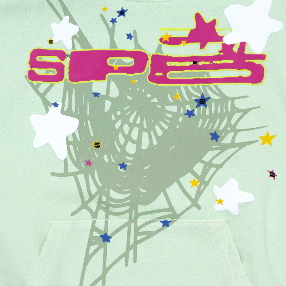 Light green with gray spider web, pink text, white stars, and blue, yellow, orange star accents—ideal for featuring the Sp5der “Mint Star Web” Hoodie – Mint Green 440GSM Heavyweight Oversized Streetwear Pullover.