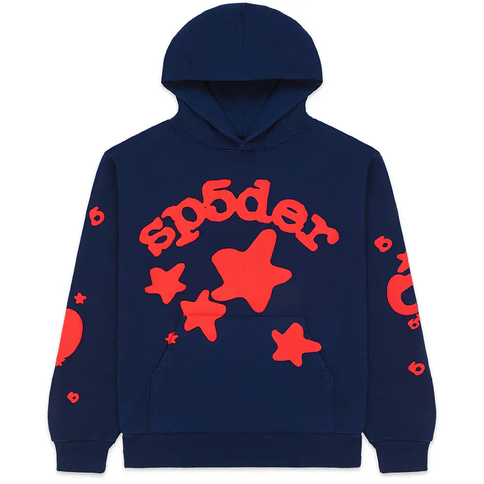 The Sp5der 440GSM Heavyweight Hoodie features a navy blue design with bold red star puff prints on the front and sleeves, blending iconic streetwear style and Y2K fashion in a standout pullover.