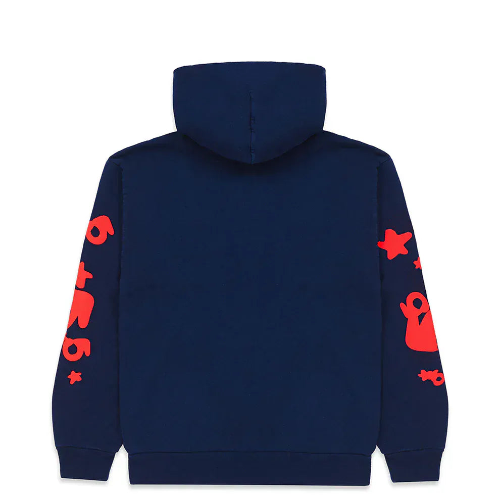 The Sp5der 440GSM Heavyweight Hoodie in navy blue features bold red star puff prints on both sleeves—a striking streetwear pullover and perfect addition to any Y2K-inspired hoodie collection.