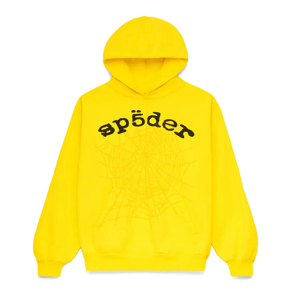 The Yellow Graphic Hoodie with Spider Web Print and Lettering is a comfort fit pullover featuring bold black "sp5der" text above a subtle spider web graphic, perfect for elevating your streetwear style with standout flair.