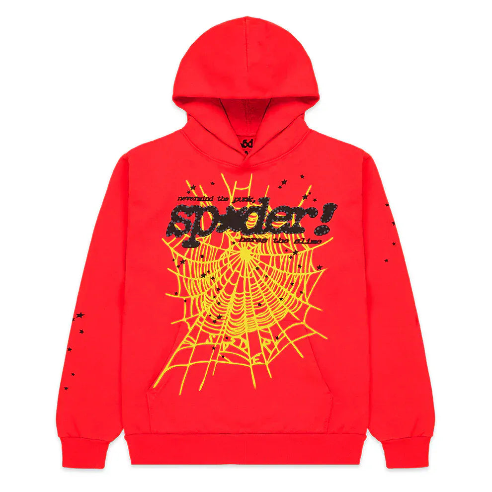 Stand out in this Red Graphic Hoodie with Spider Web Print and Star Details—a comfort fit pullover featuring bold "spider!" text, a yellow web design, and striking black sleeve accents. Perfect for making a streetwear statement.