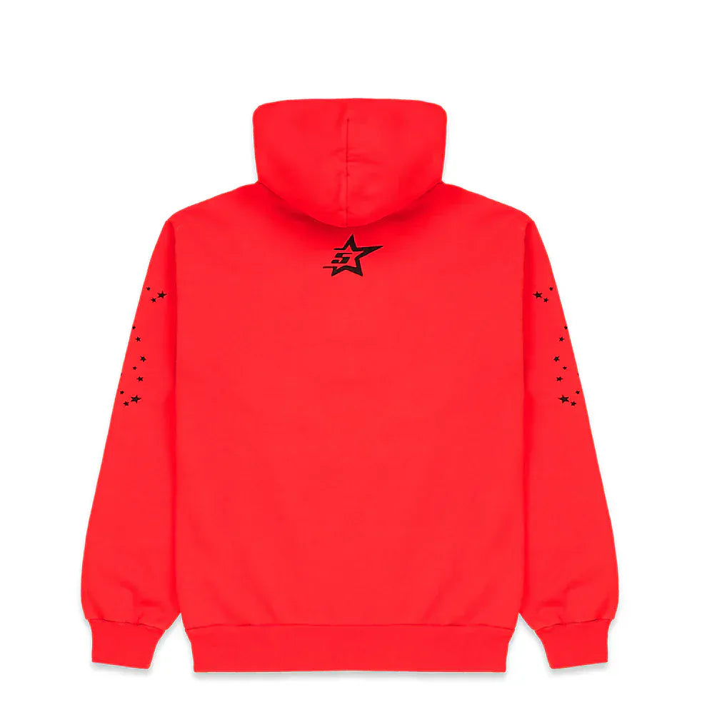 Red Graphic Hoodie with Spider Web Print and Star Details shown from the back, featuring star accents—a bold comfort fit pullover hoodie ideal for elevating your streetwear style.