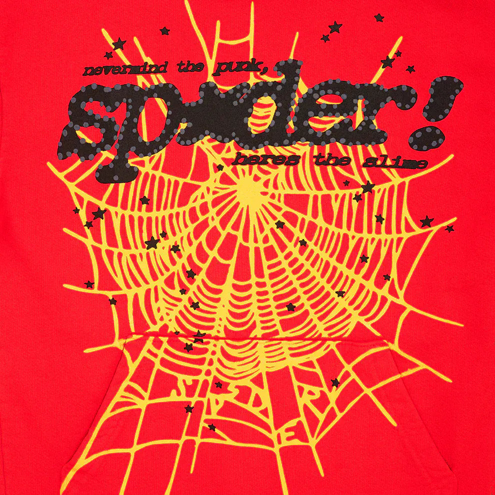 A bold Red Graphic Hoodie with Spider Web Print and Star Details featuring yellow web art and black "never mind the punk, spider! here’s the silk" text—perfect as a standout comfort fit pullover hoodie for streetwear lovers.