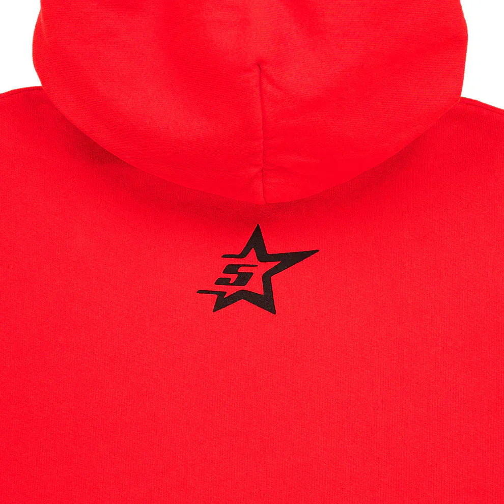 Red graphic hoodie with spider web print and star details, designed for comfort. This standout pullover is perfect for streetwear style.