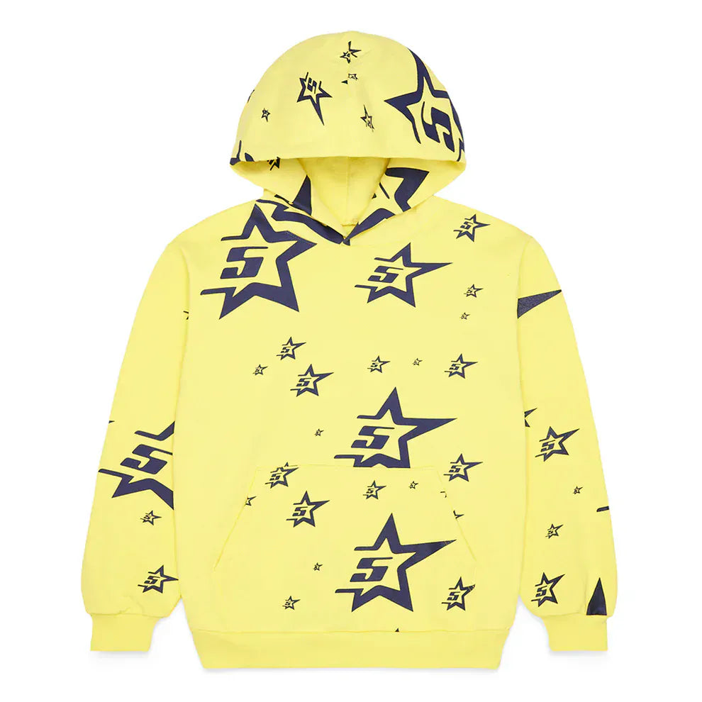 The Yellow All-Over Star Graphic Hoodie – Comfort Fit Pullover Hoodie features bold black star and stylized S prints, a front pocket, and drawstring hood—ideal for standout style and cozy comfort.