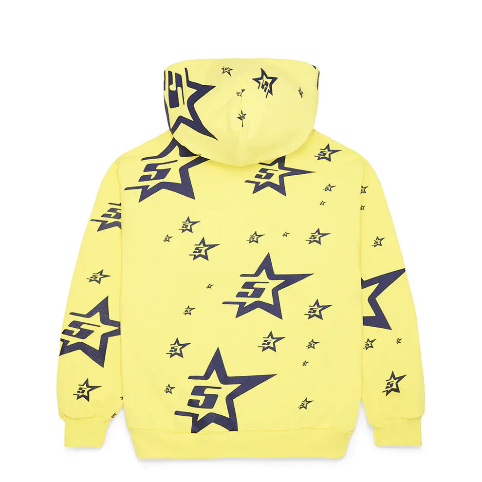 The Yellow All-Over Star Graphic Hoodie – Comfort Fit Pullover Hoodie features black star patterns with the number 5 inside some stars, shown from the back with the hood up—ideal for fans of unique, standout hoodie styles.