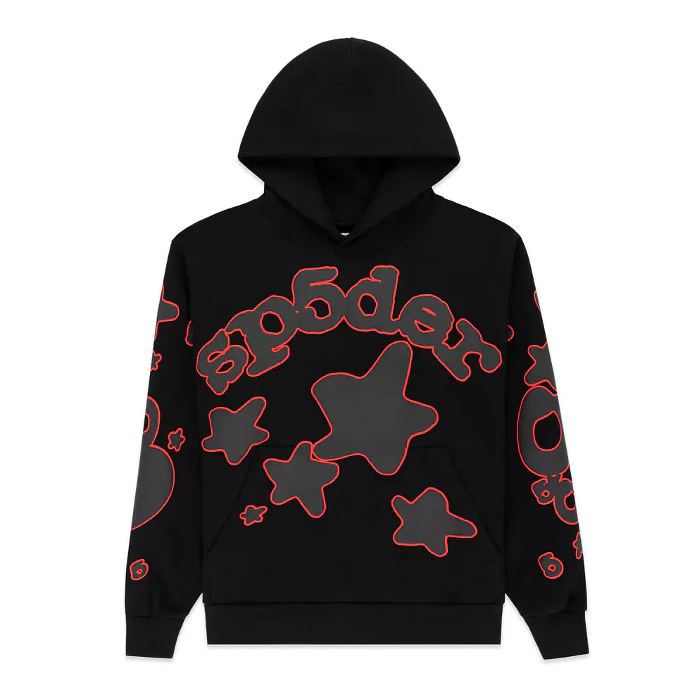 The Sp5der 440GSM Heavyweight Star Hoodie is a black & grey oversized streetwear pullover featuring star designs and "Sp5der" on the front and sleeves, made from warm heavyweight fleece.