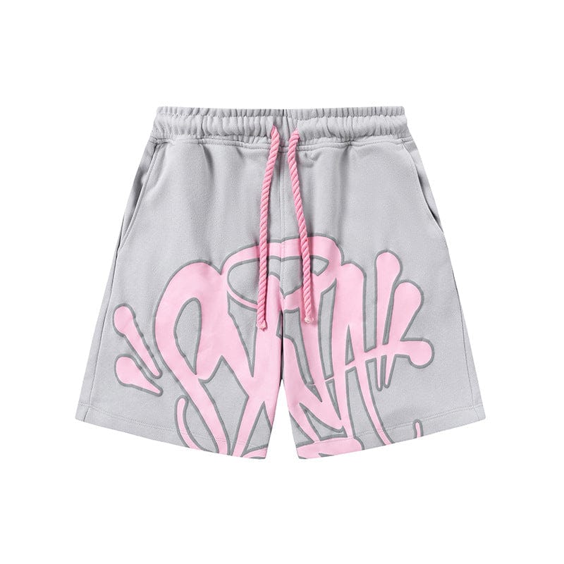Add streetwear flair to your outfit with Syna World Graphic Shorts—light gray drawstring shorts featuring an elastic waistband, pink drawstring, and bold pink graffiti design. Inspired by Syna World, available in 8 colors.