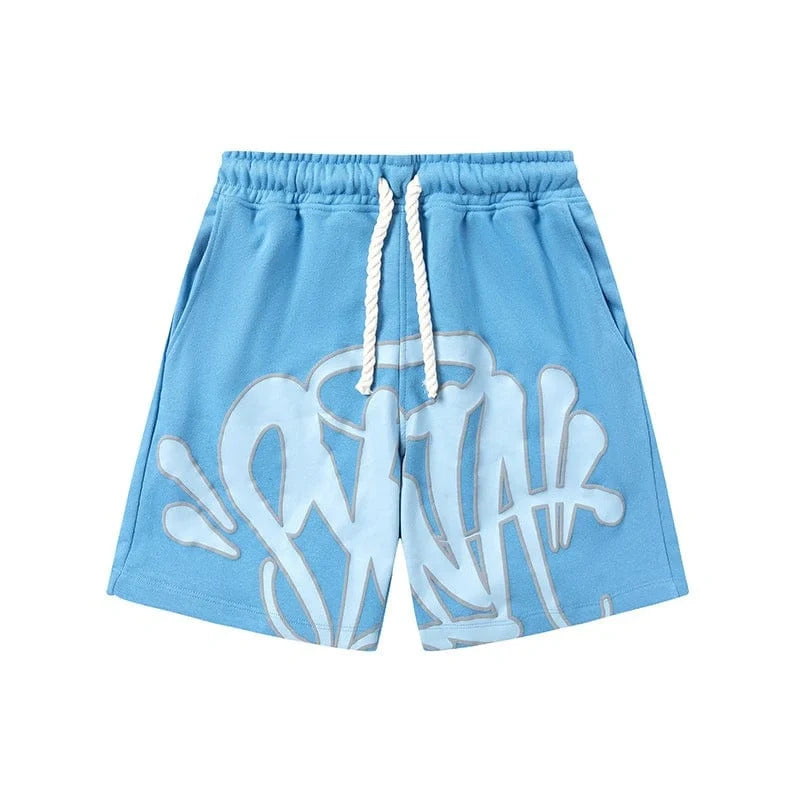 Syna World Blue Graffiti Logo Print Sweat Shorts feature a light blue design, white drawstring, bold front logo, and soft fabric―perfect for casual British streetwear style.