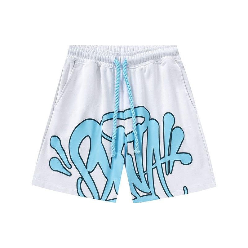 Syna World Graphic Shorts – streetwear shorts in 8 colors, featuring light blue graffiti-style graphics, an elastic waistband, and striped blue drawstrings for a bold urban look.