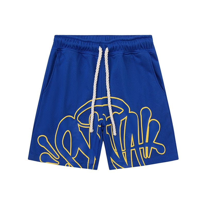 The Syna World Graphic Shorts are streetwear drawstring shorts available in 8 colors, featuring a yellow graffiti-style design, elastic waistband, and white rope ties—ideal for adding urban flair to your outfit.