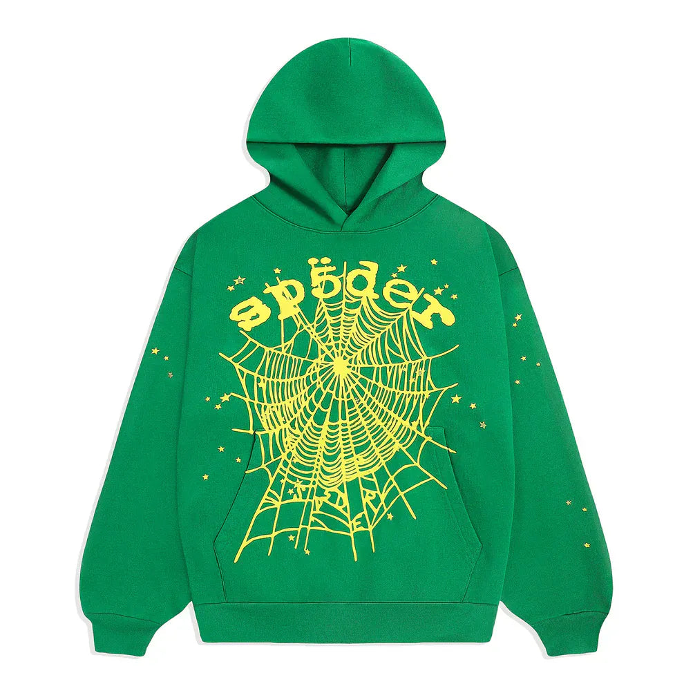 The Sp5der Web Hoodie – Emerald Green & Yellow 440GSM Heavyweight Oversized Streetwear Pullover features a bold yellow web and "spider" graphic with star accents, making it a standout piece for any streetwear collection.