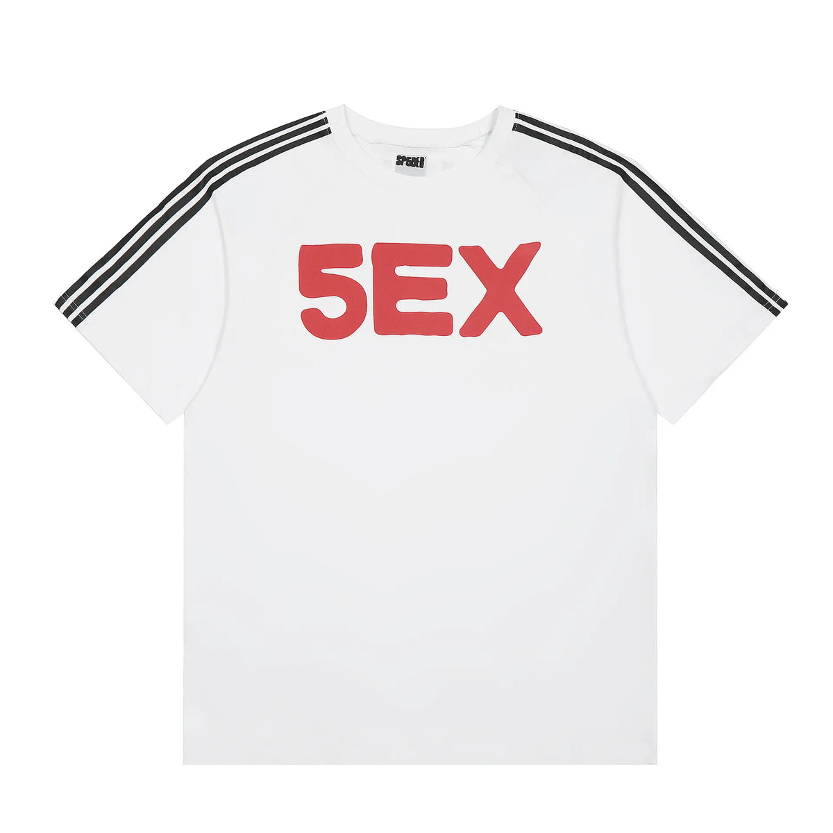 Sp5der white short sleeve t-shirt with red graphic print and black stripe sleeve detail