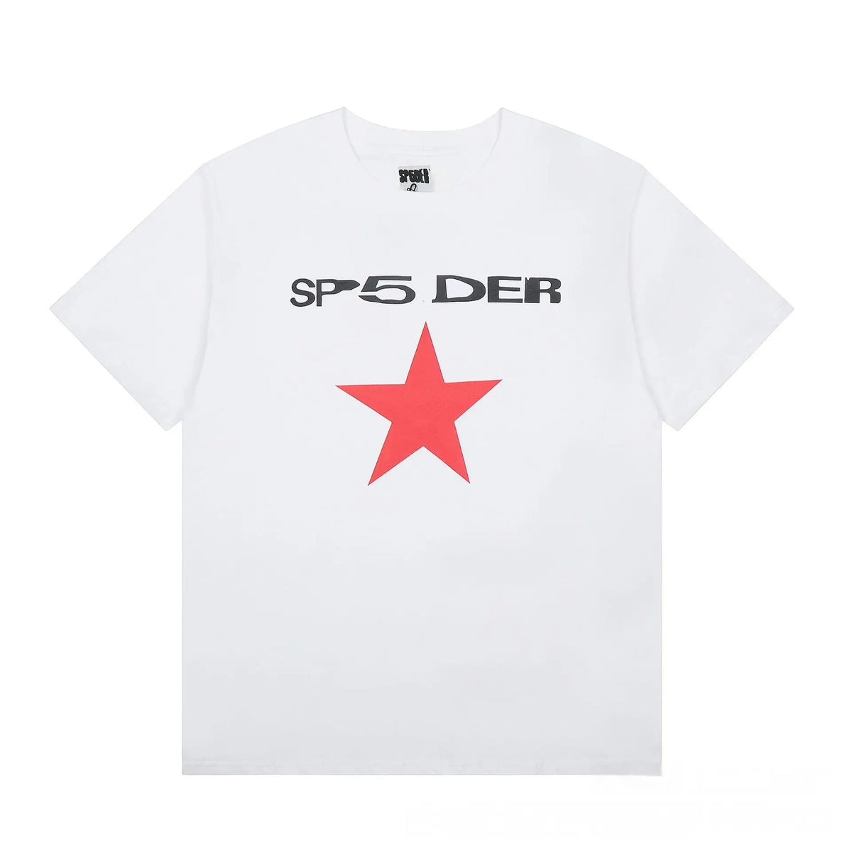 White Sp5der short sleeve t-shirt with bold SP5DER lettering and red star graphic on the front