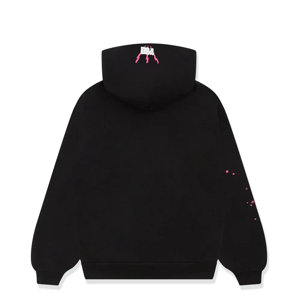 The Sp5der 555 Hoodie – Black & Pink Web is a heavyweight (440GSM) streetwear pullover, inspired by Y2K style, featuring a pink and white robot graphic on the hood and pink stars on the right sleeve for a luxury look.