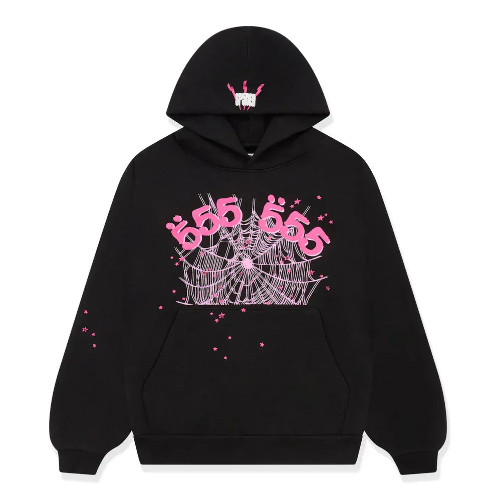 The Sp5der 555 Hoodie – Black & Pink Web 440GSM Heavyweight Streetwear Pullover features a pink spiderweb and "555" graphic, scattered pink sparkles, and a small hood detail—ideal for Y2K-inspired luxury streetwear looks.