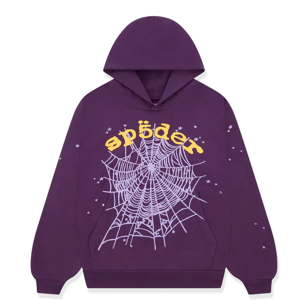 The Sp5der Web Hoodie – Deep Purple & Yellow is a 440GSM heavyweight oversized streetwear pullover, featuring a bold white web graphic, yellow "sp5der" text, and star details for standout Y2K-inspired luxury style.