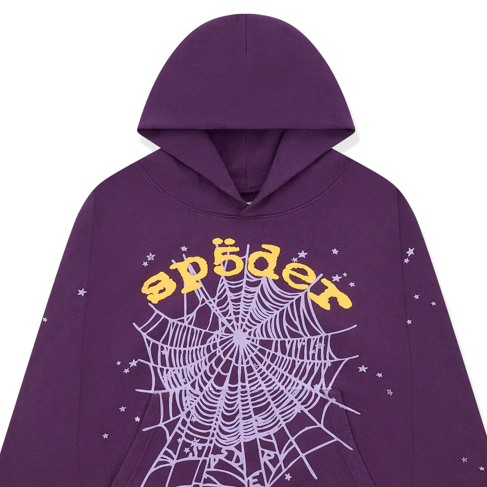 The Sp5der Web Hoodie – Deep Purple & Yellow 440GSM is a heavyweight, oversized streetwear pullover featuring a large white spiderweb graphic, yellow “sp5der” text with umlauts, and star details for standout Y2K-inspired style.