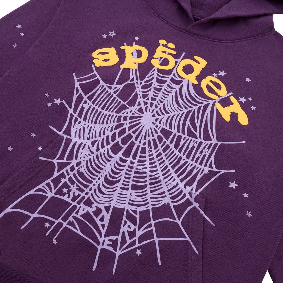 The Sp5der Web Hoodie in Deep Purple & Yellow is a 440GSM heavyweight oversized streetwear pullover, featuring a bold white spiderweb graphic, small stars, and "spider" in yellow text—ideal for standout luxury style.