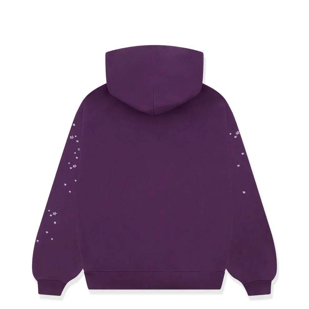 The Sp5der Web Hoodie – Deep Purple & Yellow 440GSM Heavyweight Oversized Streetwear Pullover is shown from the back, featuring small white stars along both sleeves—ideal for luxury streetwear fans.