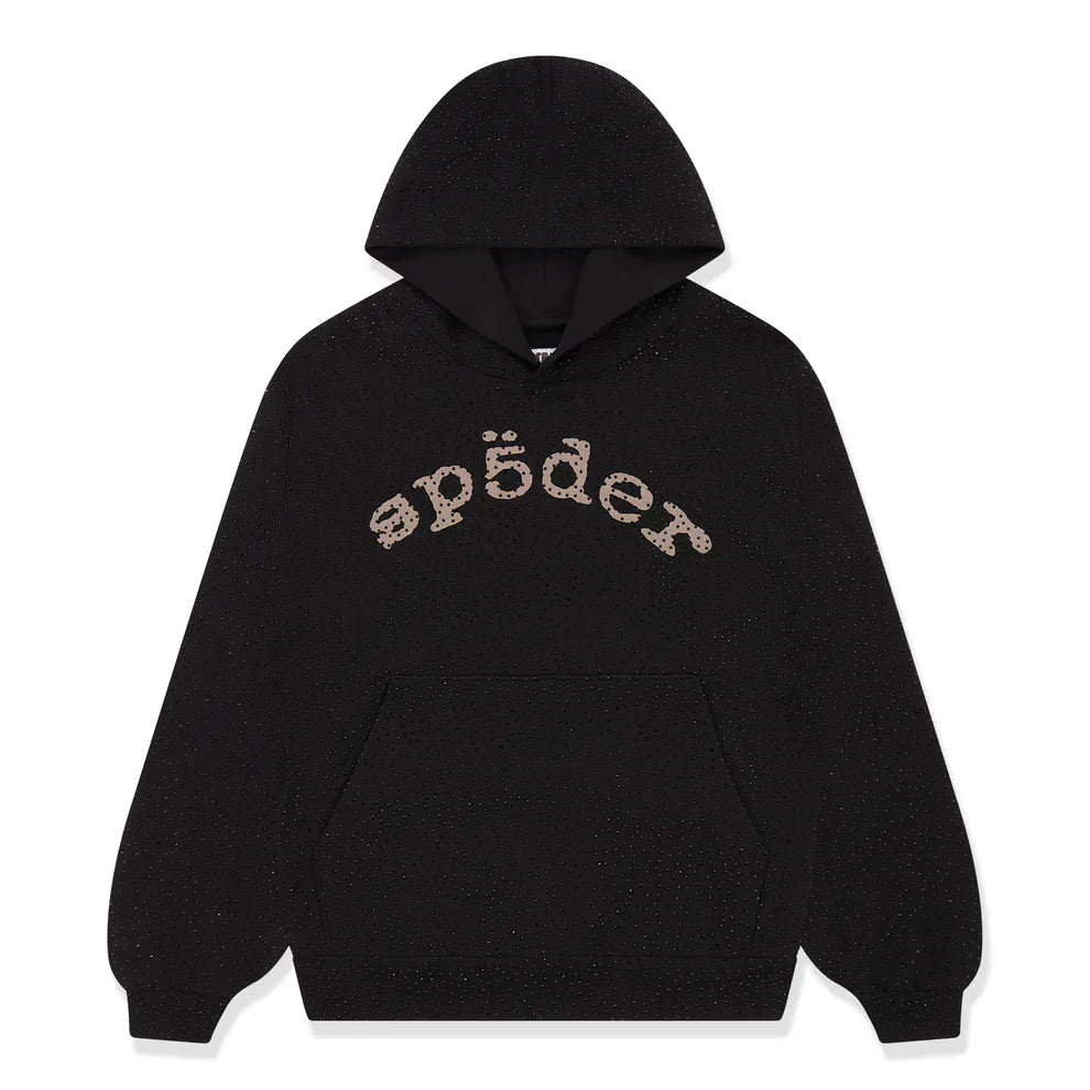 The VVS Spider Hoodie is a black Sp5der rhinestone pullover featuring a diamond graphic detail, front pocket, and stylized "sp5der" lettering across the chest for a bold, stylish look.
