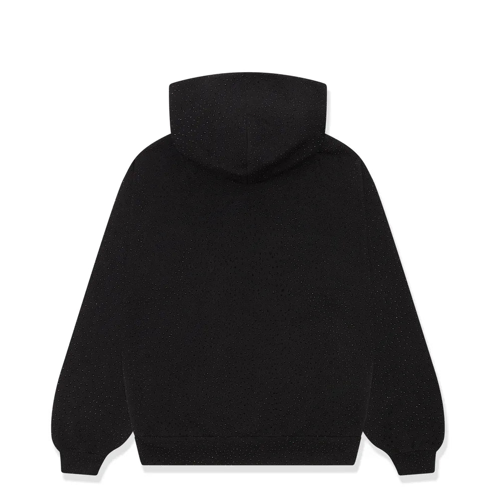 Back view of the VVS Spider Hoodie – Black Sp5der Rhinestone Pullover featuring a diamond graphic detail and long sleeves, displayed on a white background.